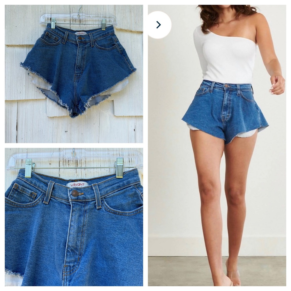 Vibrant M.I.U Diamond Shorts High Rise Flare Raw Hem Denim Blue Womens Size S